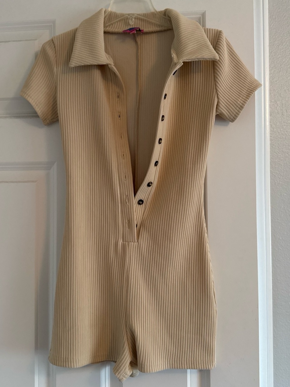 Edikted Beige Ribbed Short Sleeve Romper